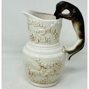 Vtg Pitcher Dog Handle Deer Grapes Embossed 3D Japan Unique English Country Vase
